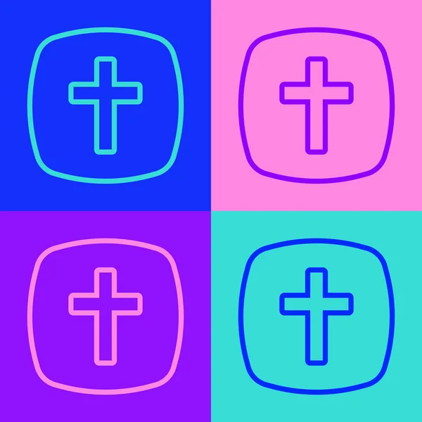 Pop Art Line Christian Cross Icon Isolated Color Background Church — Stock Vector