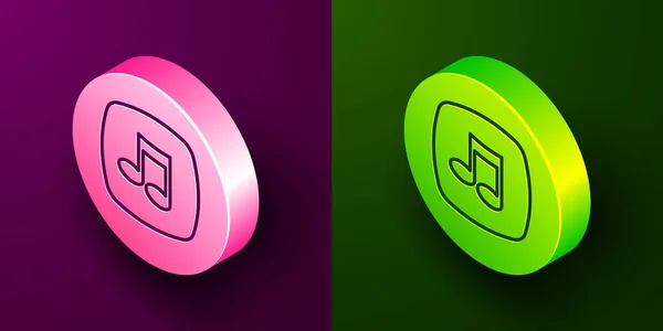 等距线音乐笔记 色调图标孤立在紫色和绿色背景 圆形按钮 — 图库矢量图片