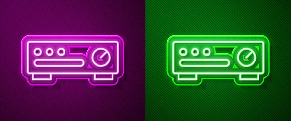 Glowing Neon Line Sound Mixer Controller Icon Isolated Purple Green — Stock Vector