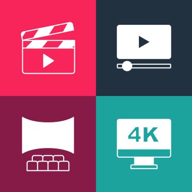 Pop Art Screen TV 'yi 4k Cinema oditorium ekran Online oyun videosu ve Movie clapper simgesi ile ayarla. Vektör.
