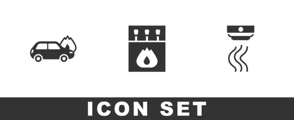Set Burning Car Matchbox Matches Smoke Alarm System Icon Vector — Stock Vector