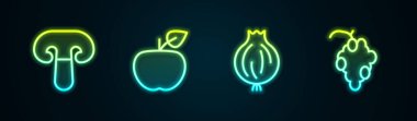 Mantar Elmalı Sarımsak ve Üzüm Meyvesi. Parlayan neon ikonu. Vektör.