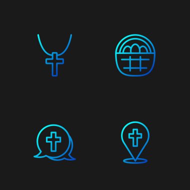 Hristiyan haç zinciri ve paskalya yumurtalarıyla dolu sepeti inşa etmek için kilise hattını ayarlayın. Renk simgeleri. Vektör.