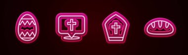 Paskalya Yumurtası Yeri kilisesi Papa şapkası ve Hristiyan ekmeği yapıyor. Parlayan neon ikonu. Vektör.