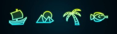 Mısır gemisi piramitleri, tropik palmiye ağaçları ve kelebek balıkları. Parlayan neon ikonu. Vektör.
