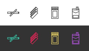 Set hattı sigara içmek yok sigara sarma kağıtları kibrit kutusu ve kibrit kutusu ve sigara paketleri siyah beyaz üzerine. Vektör.