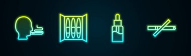 Set çizgisi adamı sigara içiyor. Vape şişesi ve No. Parlayan neon ikonu. Vektör.
