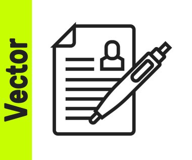 Siyah çizgi beyaz arkaplanda izole edilmiş simgeye devam et. Özgeçmiş başvurusu. Profesyonel personel aranıyor. Personel analizi devam ediyor. Vektör.