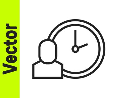 Siyah çizgi çalışma zamanı simgesi beyaz arkaplanda izole edildi. Ofis çalışanı. Çalışma saatleri. İş çantası. Vektör.