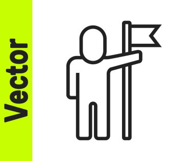 Siyah Çizgili Adam beyaz arkaplanda bayrak simgesi tutuyor. Zafer, kazanmak ve zorluk konseptini fethetmek. Vektör.