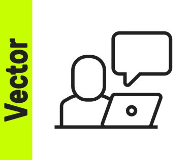 Siyah çizgi Freelancer simgesi beyaz arkaplanda izole edildi. Evinde dizüstü bilgisayarla çalışan serbest çalışan bir adam. Çevrimiçi iş, uzak iş kavramı. Vektör.