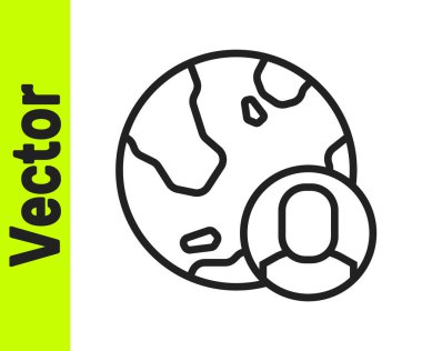 Siyah çizgi Globe ve beyaz arka planda izole edilmiş insanlar ikonu. Küresel iş sembolü. Sosyal ağ simgesi. Vektör.