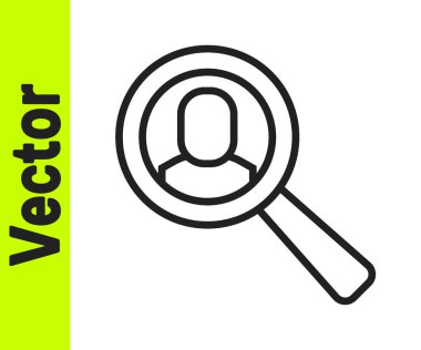 Arama simgesi için siyah çizgi büyüteç beyaz arkaplanda izole edilmiş. İşe alım ya da seçim konsepti. Çalışanları ve işi ara. Vektör.