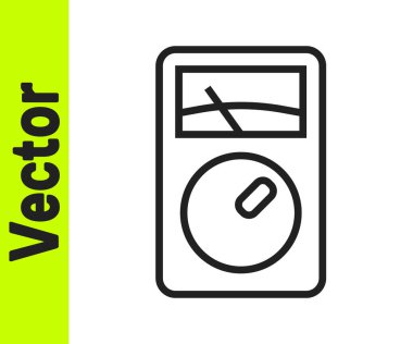 Siyah çizgi Ampere ölçer, multimetre, voltmetre simgesi beyaz arkaplanda izole edilmiş. Elektrik akımını ölçmek için araçlar. Vektör.