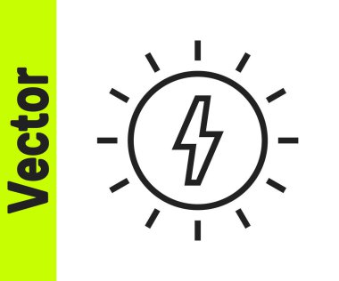 Siyah çizgi güneş enerjisi simgesi beyaz arkaplanda izole edildi. Yıldırım sembollü güneş. Vektör.