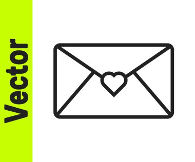 Beyaz arka planda Sevgililer Günü kalp ikonu olan siyah çizgi zarfı. Mesaj aşkım. Aşk ve romantizm mektubu. Vektör.