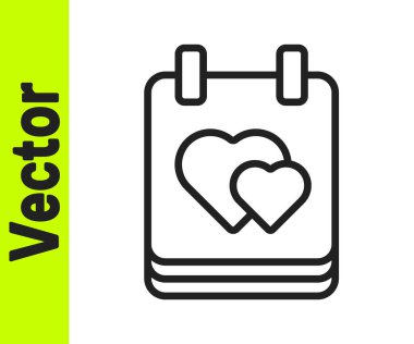 Beyaz arkaplanda kalp ikonu olan siyah çizgili takvim. Sevgililer Günü. Aşk sembolü. 14 Şubat. Vektör.