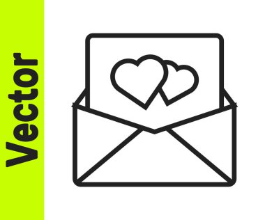 Beyaz arka planda Sevgililer Günü kalp ikonu olan siyah çizgi zarfı. Mesaj aşkım. Aşk ve romantizm mektubu. Vektör.