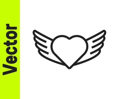 Beyaz arkaplanda izole edilmiş kanat simgesi olan siyah çizgi kalbi. Aşk sembolü. Sevgililer günün kutlu olsun. Vektör.