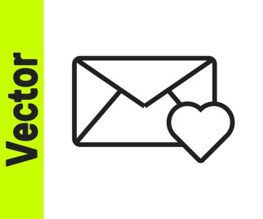 Beyaz arka planda Sevgililer Günü kalp ikonu olan siyah çizgi zarfı. Mesaj aşkım. Aşk ve romantizm mektubu. Vektör.