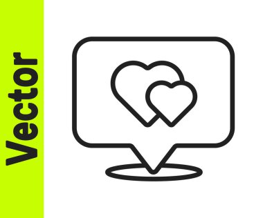 Beyaz arkaplanda kalp simgesi olan siyah çizgi haritası işaretçisi. Sevgililer Günü. Aşk yeri. Romantik harita iğnesi. Vektör.