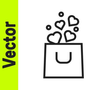 Beyaz arka planda kalp ikonu olan siyah çizgili alışveriş torbası. Alışveriş torbası sevgisi kalp ikonu gibidir. Sevgililer günün kutlu olsun. Vektör.