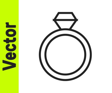 Siyah çizgi alyans simgesi beyaz arkaplanda izole edildi. Gelin ve damat mücevher tabelası. Evlilik sembolü. Elmas yüzük. Vektör.