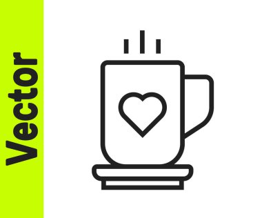Siyah çizgi kahve fincanı ve kalp ikonu beyaz arka planda izole edilmiş. Sevgililer Günü 'nde sevgililer için birkaç kahve. Vektör.