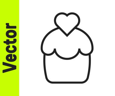 Beyaz arka planda kalp ikonu olan siyah çizgi düğün pastası. Sevgililer günün kutlu olsun. Vektör.