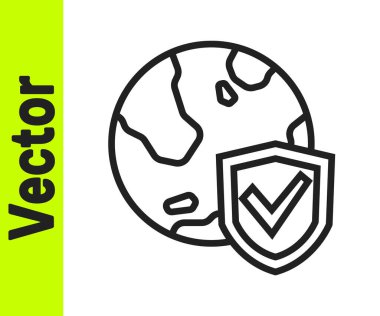 Beyaz arka planda dünya küresi ikonu olan siyah çizgi kalkanı. Sigorta konsepti. Güvenlik, güvenlik, koruma, gizlilik kavramı. Vektör.