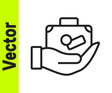 Siyah çizgi seyahat valizi beyaz arka planda izole edilmiş bir el simgesi. Seyahat bagaj sigortası. Güvenlik, güvenlik, koruma, konsept koruma. Vektör.