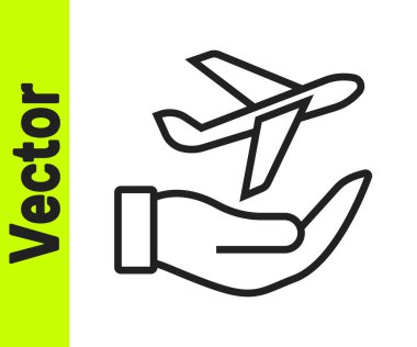 Siyah çizgi düzlemi beyaz arkaplanda izole edilmiş bir el simgesi. Uçan uçak. Uçak sigortası. Güvenlik, güvenlik, koruma, konsept koruma. Vektör.