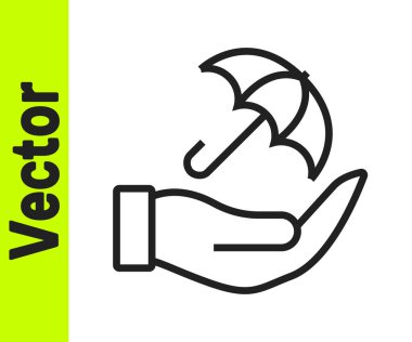 Beyaz zemin üzerinde siyah çizgi şemsiyesi olan el simgesi izole edildi. Sigorta konsepti. Su geçirmez ikon. Koruma, güvenlik, güvenlik kavramı. Vektör.