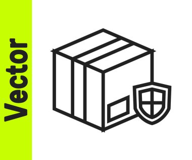 Beyaz zemin üzerinde kalkan simgesi olan siyah çizgi teslimat güvenliği. Teslimat sigortası. Kalkanın ötesinde sigorta kutuları var. Vektör.