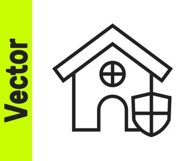 Beyaz arka planda siyah çizgi ev ve kalkan simgesi var. Sigorta konsepti. Güvenlik, güvenlik, koruma, konsept koruma. Vektör.