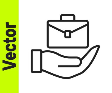 Siyah çizgili El, beyaz arka planda izole edilmiş evrak çantası ikonu tutuyor. Sigorta konsepti. Güvenlik, güvenlik, koruma, konsept koruma. Vektör.