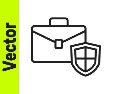 Beyaz zemin üzerinde kalkan simgesi olan siyah çizgi evrak çantası. Sigorta konsepti. Güvenlik, güvenlik, koruma, konsept koruma. Vektör.