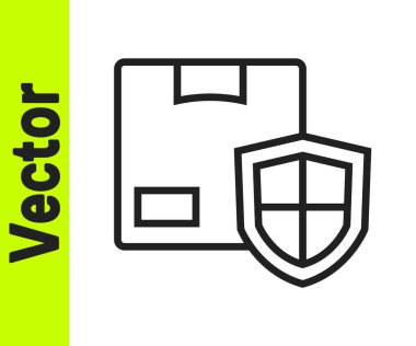 Beyaz zemin üzerinde kalkan simgesi olan siyah çizgi teslimat güvenliği. Teslimat sigortası. Kalkanın ötesinde sigorta kutuları var. Vektör.