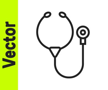 Siyah çizgi steteskop tıbbi araç simgesi beyaz arka planda izole edildi. Vektör.