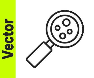 Büyüteç simgesi altındaki siyah çizgi mikroorganizmalar beyaz arkaplanda izole edilmiş. Bakteri ve mikroplar, hücre kanseri, mikrop, virüs, mantar. Vektör.