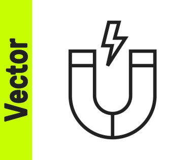 Beyaz arkaplanda siyah çizgi mıknatısı simgesi izole edildi. At nalı mıknatısı, manyetizma, manyetizma, çekim. Vektör.