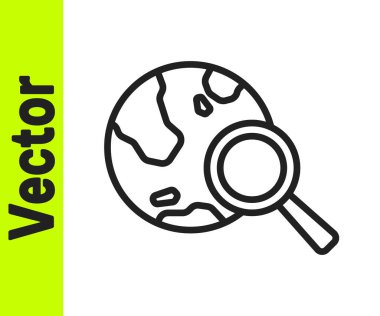 Beyaz arka planda izole edilmiş siyah çizgi büyüteç. Dünyayı analiz ediyorum. Küresel arama işareti. Vektör.