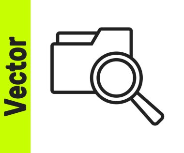 Beyaz arkaplanda izole edilmiş klasör simgesi içeren siyah çizgi arama kavramı. Büyüteç ve belge. Veri ve bilgi işareti. Vektör.