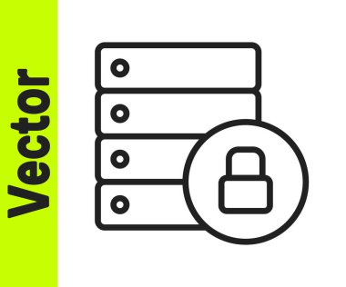 Siyah çizgi sunucu güvenliği beyaz arkaplanda kapalı asma kilit simgesi ile izole edildi. Veritabanı ve kilit. Güvenlik, güvenlik, koruma kavramı. Vektör.