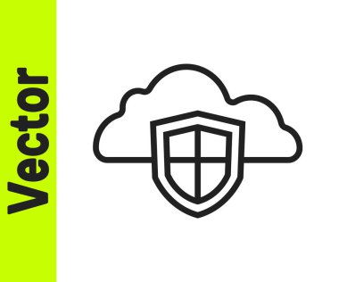 Siyah çizgi Bulut ve kalkan simgesi beyaz arkaplanda izole edildi. Bulut depolama veri koruması. Güvenlik, güvenlik, koruma, gizlilik kavramı. Vektör.