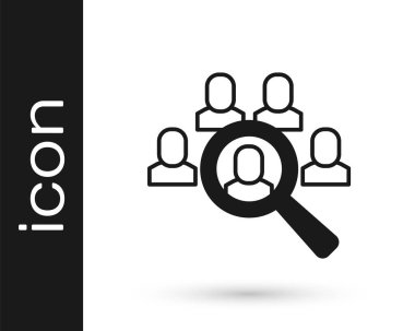 Arama simgesi için siyah büyüteç beyaz arkaplanda izole edilmiş. İşe alım ya da seçim konsepti. Çalışanları ve işi ara. Vektör.
