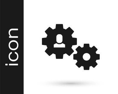 Beyaz arka planda izole edilmiş vites simgesi olan siyah insan. Yapay zeka. Beyin işaretini düşünüyorum. Beynin sembol çalışması. Vektör.