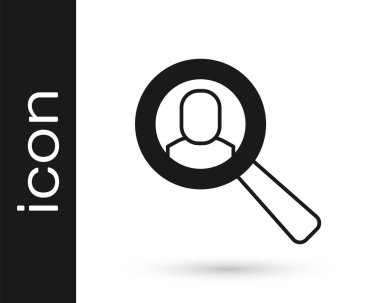 Arama simgesi için siyah büyüteç beyaz arkaplanda izole edilmiş. İşe alım ya da seçim konsepti. Çalışanları ve işi ara. Vektör.