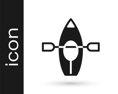 Siyah kano ve kürek simgesi beyaz arkaplanda izole edildi. Balıkçılık ve turizm için kano. Açık hava aktiviteleri. Vektör.