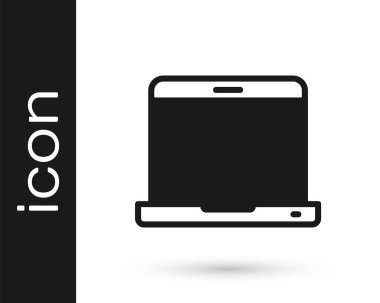 Beyaz arkaplanda siyah dizüstü bilgisayar simgesi izole edildi. Boş ekran işaretli bilgisayar defteri. Vektör.